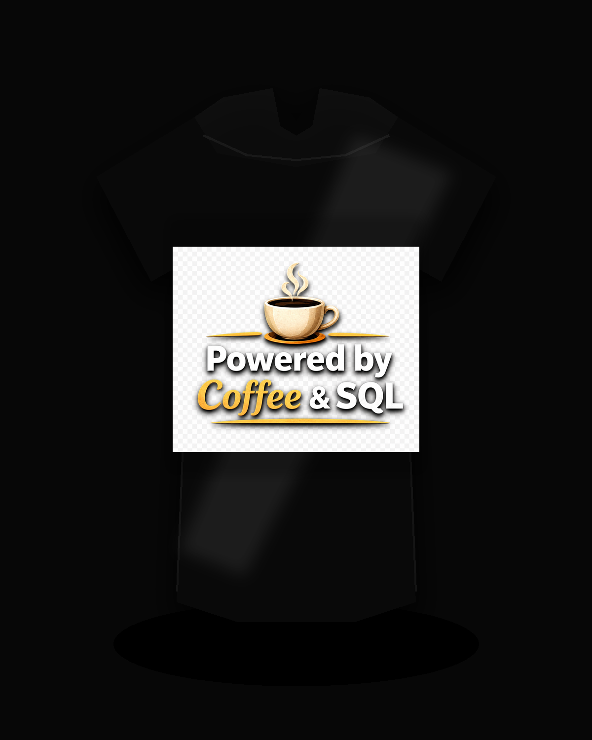 Powered by Coffee and SQL premium black T-shirt product mockup