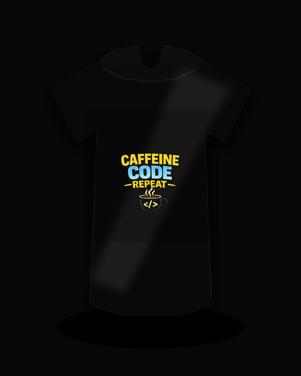 Caffeine Code Repeat premium black T-shirt product mockup