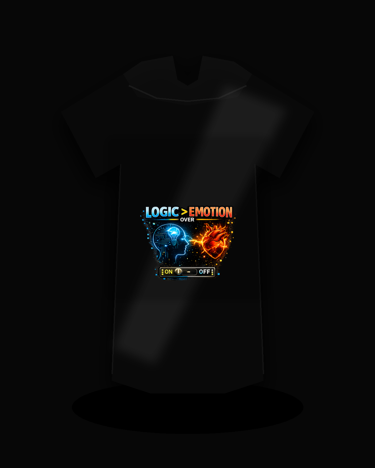 Logic Greater Than Emotion premium black T-shirt product mockup