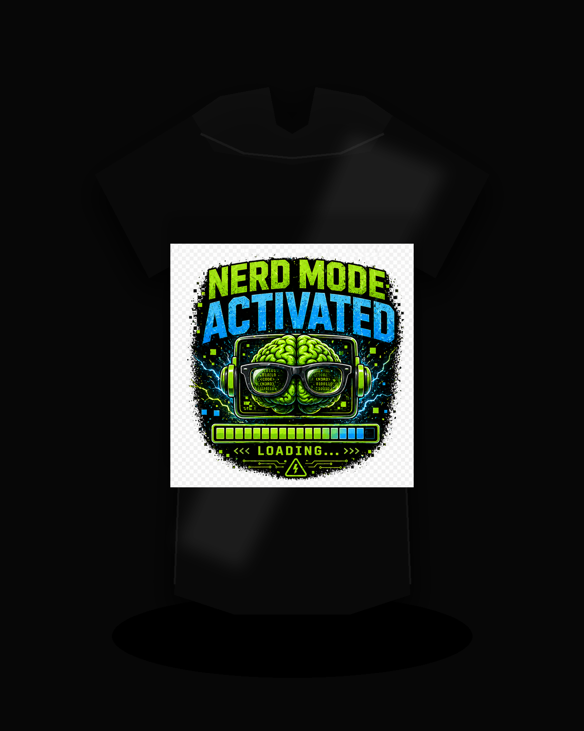 Nerd Mode Activated premium black T-shirt product mockup