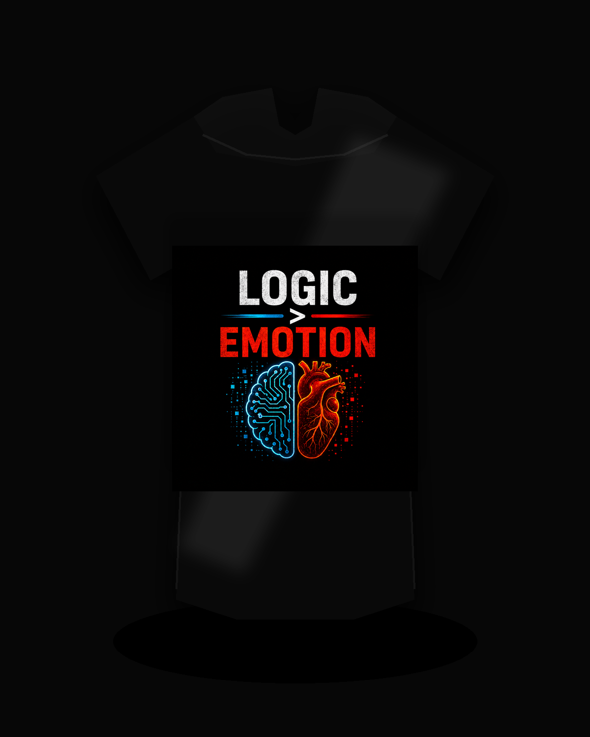 Logic Greater Than Emotion premium black T-shirt product mockup