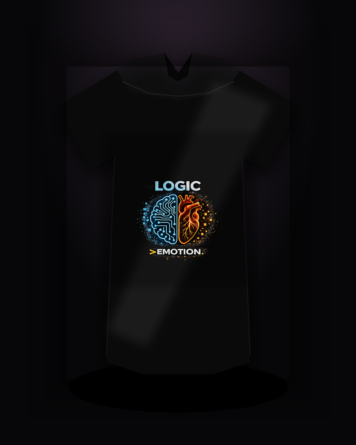 Logic Greater Than Emotion premium black T-shirt product mockup