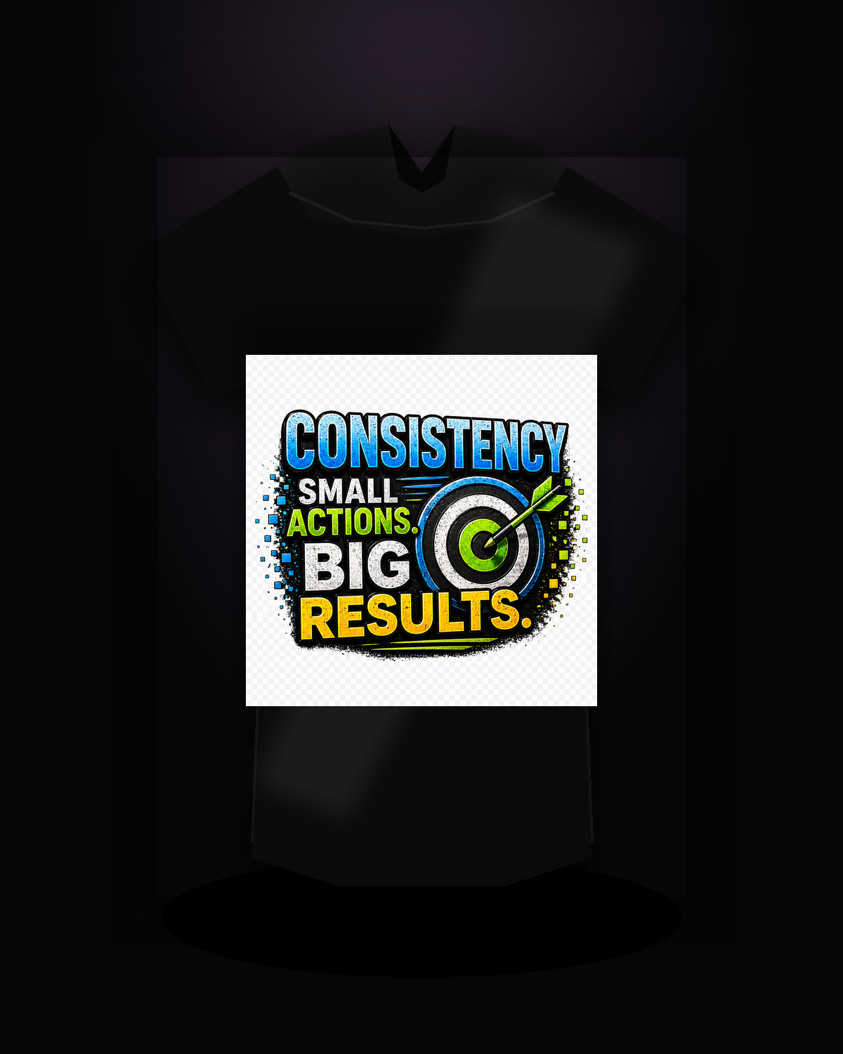Consistency Small Actions Big Results premium black T-shirt product mockup